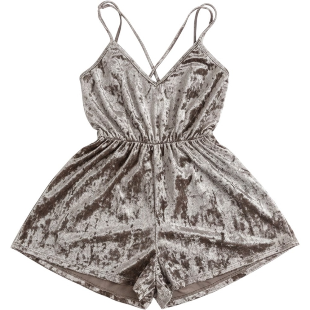 Fragile Crushed Velvet Romper Womens M Taupe Excellent Crisscross Back V-Neck